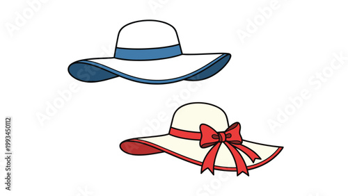 Two women's summer sun hats are shown with one featuring a blue band and the other a large red bow in a simple and clean fashion style.