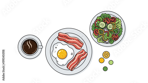 Comprehensive breakfast set includes a cup of black coffee, a plate of eggs and bacon, and a fresh vegetable salad in a large bowl.