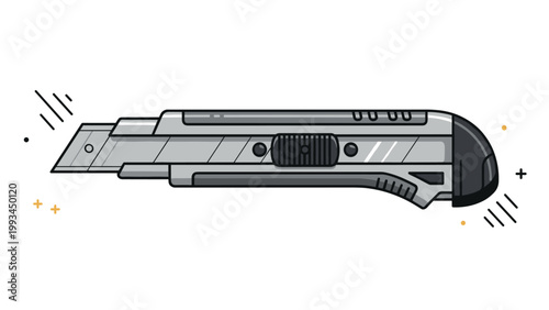 Professional utility knife with a grey and black handle and a sharp metal blade is shown in a flat vector style for construction concepts.