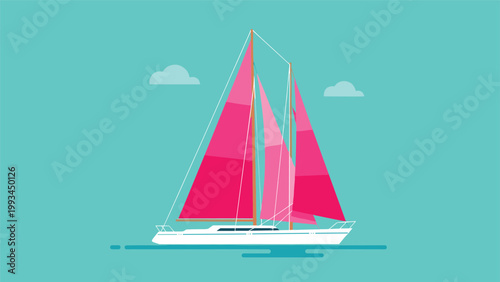 Large white sailboat with vibrant pink sails glides across a calm teal sea under a blue sky with soft white clouds in a flat vector art.