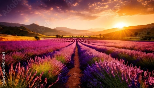 Lavender field at sunset - A vibrant landscape of purple blooms.