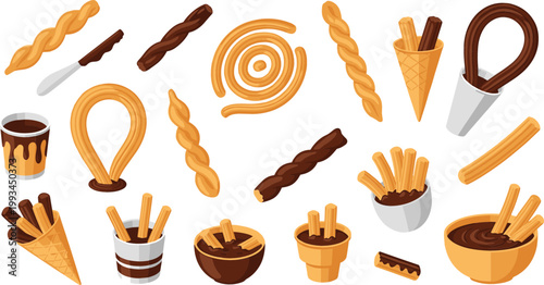 Churros Dessert Icon Set Featuring Chocolate Dipped Spanish Pastry, Twisted Dough Sticks, Cups, and Sweet Snack Elements Flat Vector Illustration