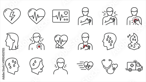 A Detailed Iconography of Heart Failure Indicators, Diagnostic Tools, and Immediate Medical Intervention Protocols.