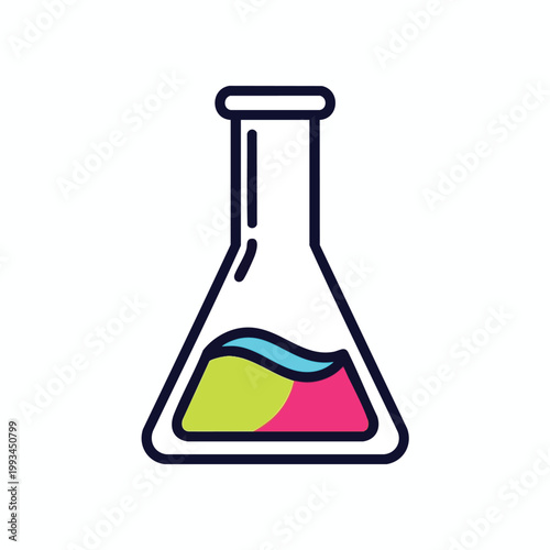 Colorful chemical flask icon with laboratory liquid.