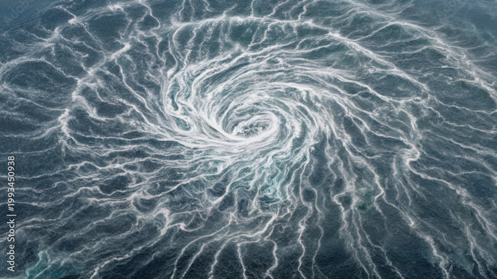Obraz premium Aerial view of a huge oceanic vortex with white-capped swirling waves and turbulent churning water surrounded by concentric bands of chaotic sea spray