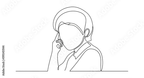 Continuous line drawing of a person thinking with finger on temple, minimalist art