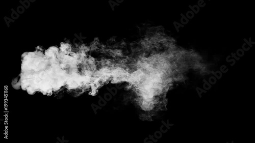 Drone view of White plume of smoke flow from the ground and staying down with strong side wind on a black background