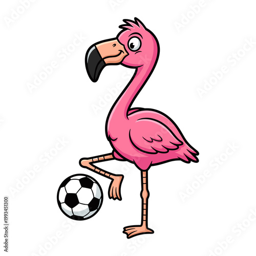 Playful Cartoon Pink Flamingo Balancing Soccer Ball on Foot
