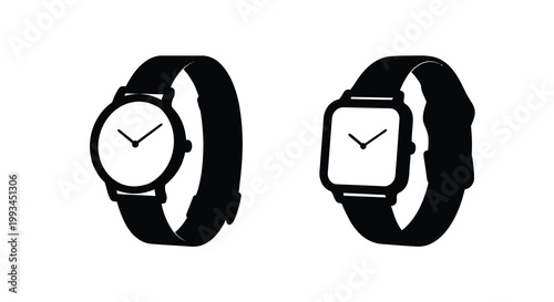 Two wristwatches with different faces shown in stark black silhouette