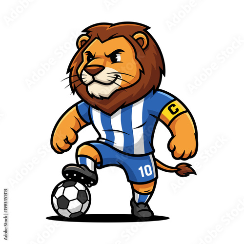 Fierce Cartoon Lion Captain with Soccer Ball in Blue Striped Jersey