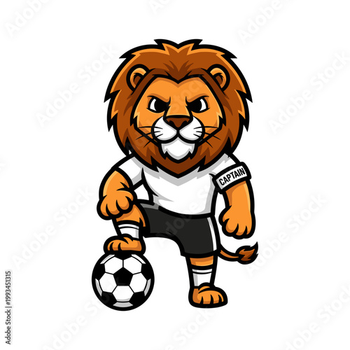 Majestic Cartoon Lion Captain with Soccer Ball in White Jersey