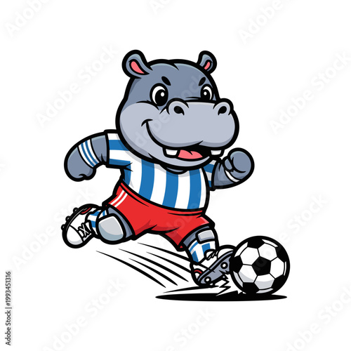 Energetic Cartoon Hippo Dribbling Soccer Ball in Striped Jersey