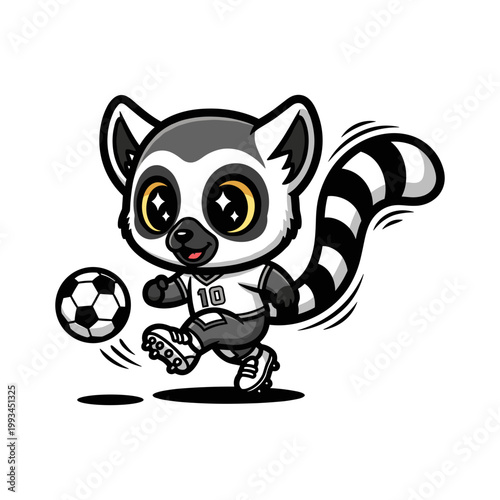 Adorable Cartoon Lemur Dribbling Soccer Ball in White Jersey