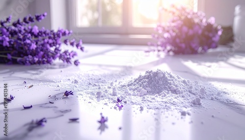 Lavender Powder and Flowers on Marble Surface in Sunlight.