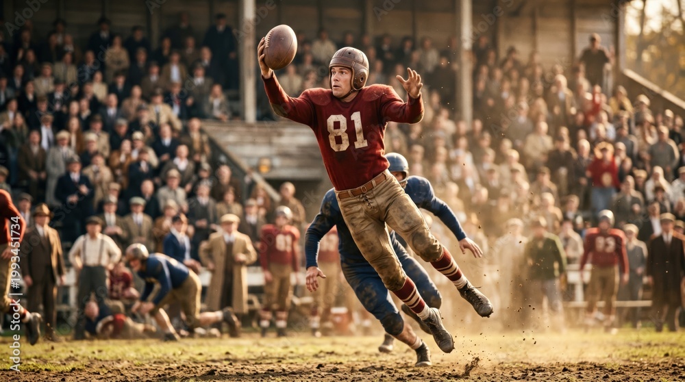 Fototapeta premium Vintage 1920s American Football Player Catching Ball on Muddy Field with Crowd
