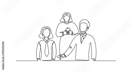 Minimalist continuous line drawing of a diverse group of three people smiling