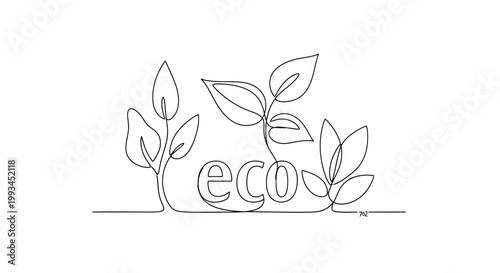 Eco friendly concept, continuous line drawing of leaves and text