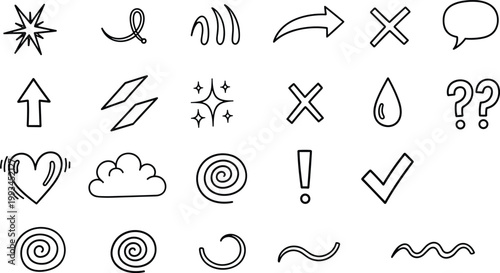 White hand drawn icons on transparent.