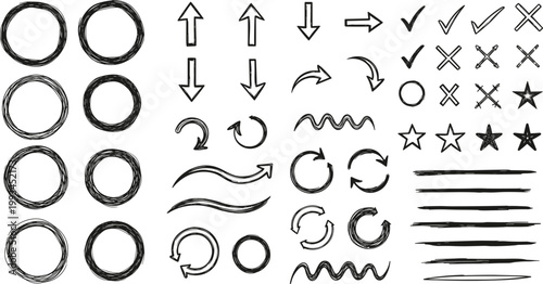 Hand drawn doodles circles arrows and check marks.