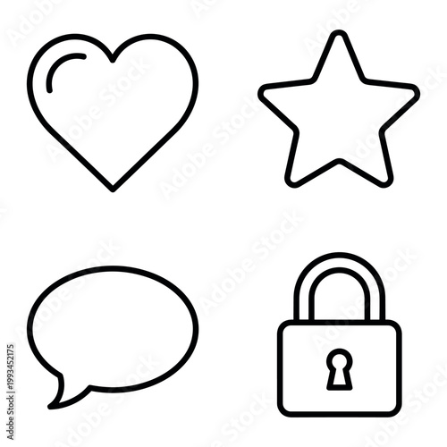 Interface Symbol Icons Collection,Heart Star Vector,Speech Bubble Padlock Illustration,Love Rating Communication Security