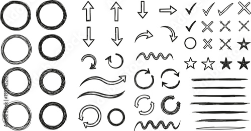 Hand drawn doodles circles arrows and check marks.