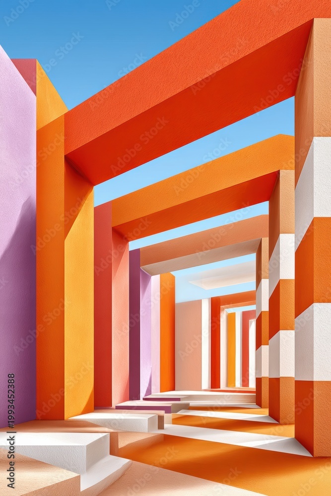 Fototapeta premium Abstract architectural corridor with colorful orange and pastel columns and strong geometric perspective