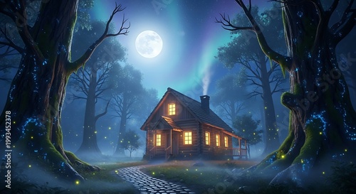 Mysterious House in Dark Forest at Night.