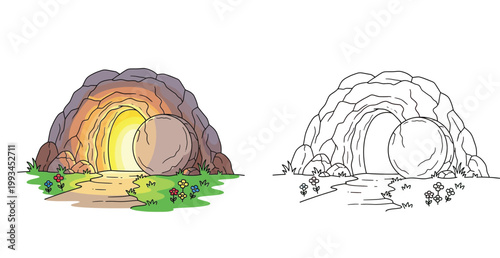 Easter Empty Tomb of Jesus Christ Resurrection Illustration with Coloring Page Line Art, Stone Rolled Away from Cave with Glowing Light, Religious Christian Bible Scene for Kids