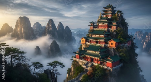 Mysterious Pagoda on Mountain Peak Landscape.