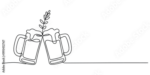 Continuous line drawing of two beer mugs clinking toast