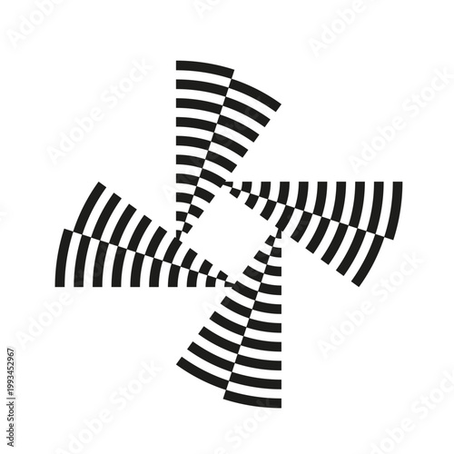 Striped swirl icon. Fan rotation Vector. Abstract motion shape. Clean white backdrop. Manual vector only. No autotrace used.