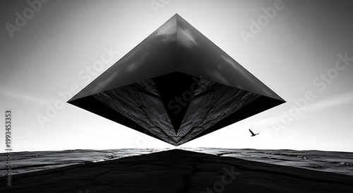 Mysterious Pyramid Structure Over Desert Landscape.