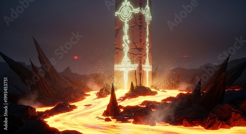 Mysterious Tower in Flames at Night.