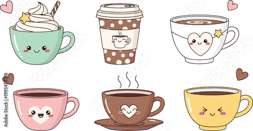 Cute kawaii coffee cups and takeaway drinks with smiling faces, hearts, pastel tones and cozy cartoon vector illustration set