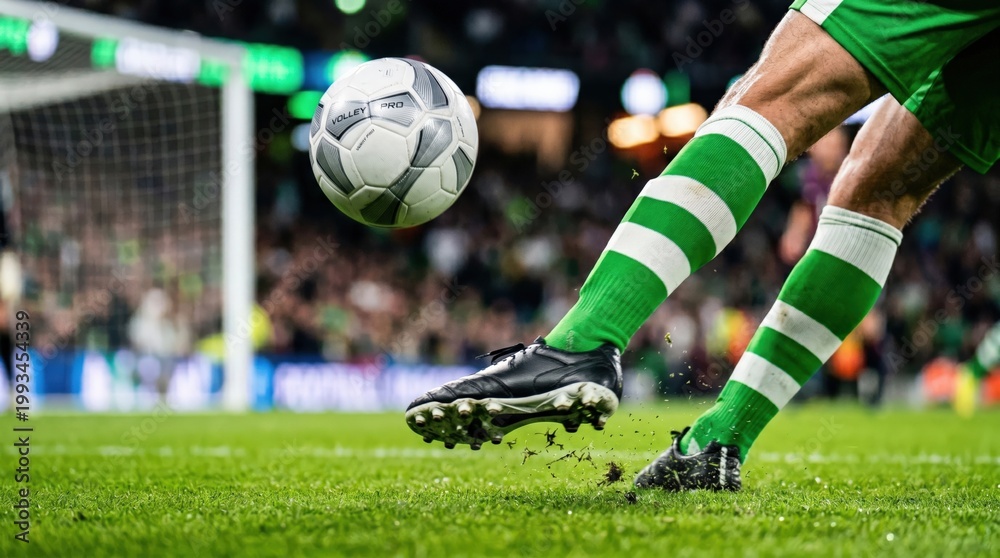 Obraz premium Close up of athlete in green striped kit kicking soccer ball on grass field at stadium
