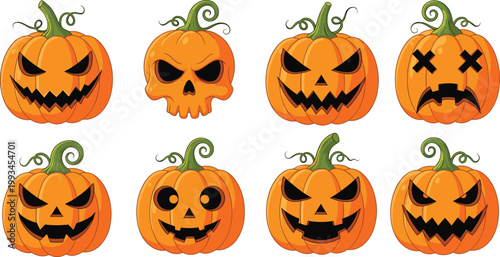 Set of halloween pumpkin faces with spooky expressions, carved jack o lantern characters collection in cartoon vector style for holiday design