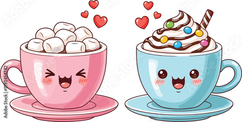 Cute kawaii marshmallow and chocolate dessert cups illustration with smiling faces, hearts, pastel colors, and sweet cozy cartoon style