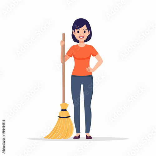 Woman Holding a Broom, Ready for Cleaning