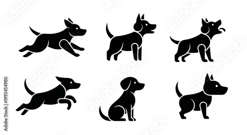 Set of Cute Dog Silhouettes in Various Poses and Actions