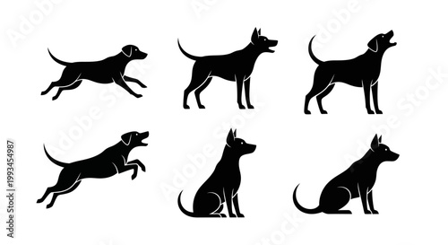 Set of Black Dog Silhouettes in Various Poses