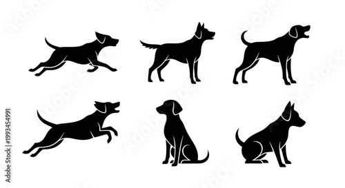 Set of Dog Silhouettes in Various Poses and Actions