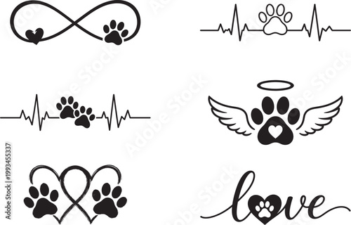 Pet love and remembrance icon collection with paw prints hearts and heartbeat symbols
