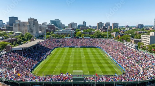 International soccer tournament fans cheering in a crowded metropolitan stadium with city skyline