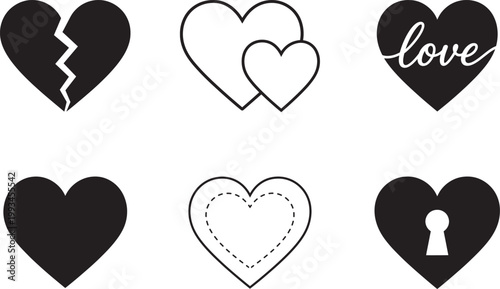 Heart icon set with love romance and relationship symbols