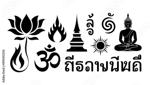 Traditional thai musical instruments on an ornate textile background isolated on transparent background