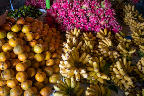 Various types of colorful fruits in a traditional market in Yogyakarta, Indonesia