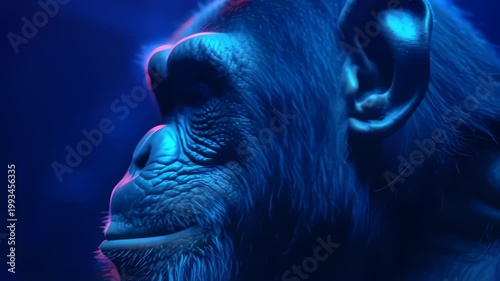 Chimpanzee Head Portrait in Blue Cinematic Lighting