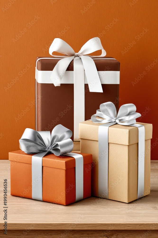Obraz premium Three wrapped gift boxes with silver ribbons on orange background for celebration and holidays