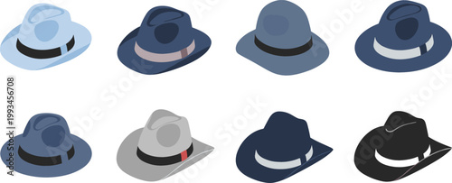 Fedora Hat Icon Set Featuring Classic Vintage Headwear Styles in Different Colors for Fashion, Accessories, and Apparel Design Flat Vector Illustration