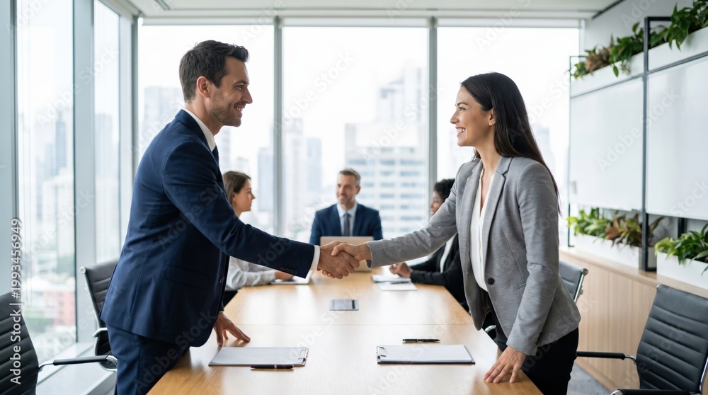 Fototapeta premium Caucasian Businessman and Woman Shaking Hands After Successful Merger Negotiation in Modern Office